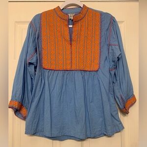 SisterMary Blue & Orange Embroidered Boho Style Medium Blouse             2885-C